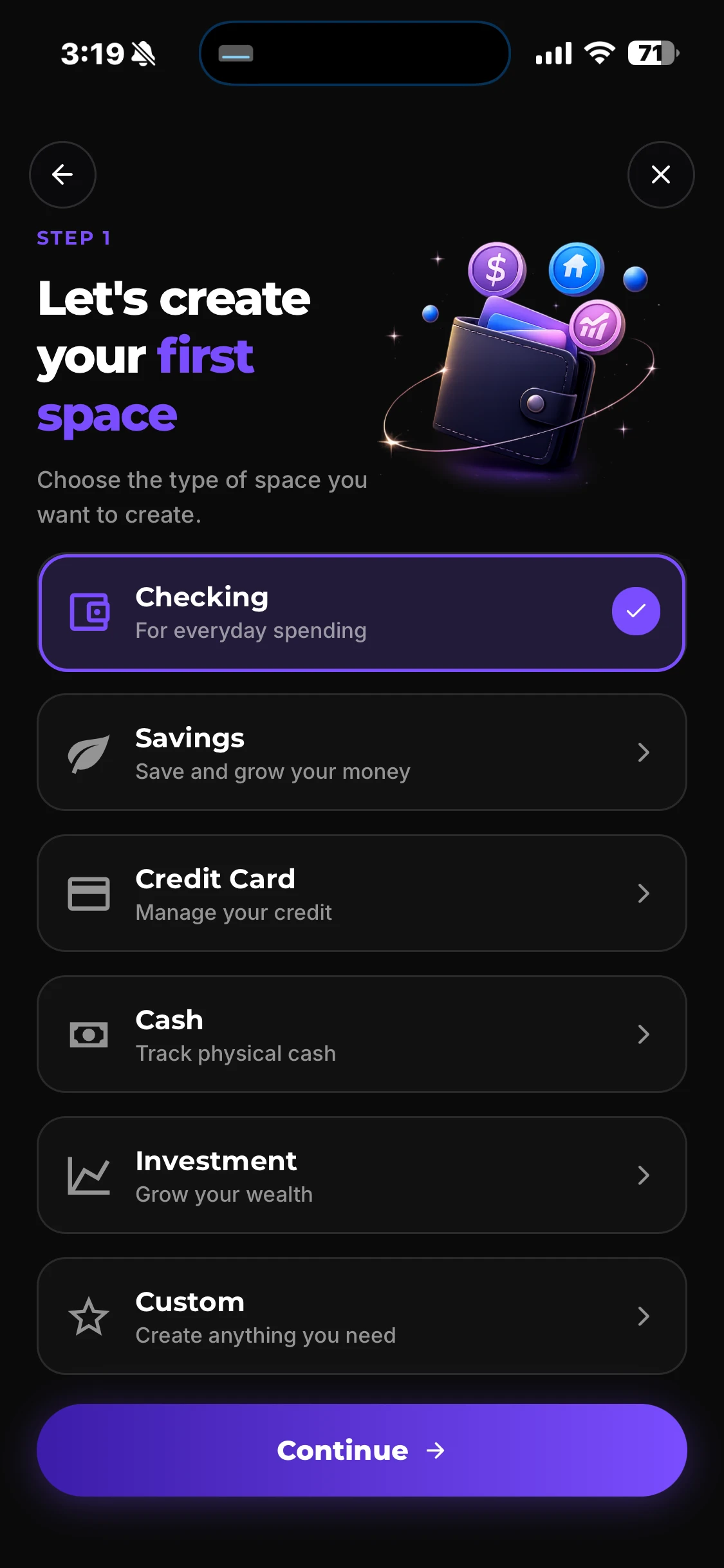 Let's create your first Space — choosing the Checking account type, Continue button