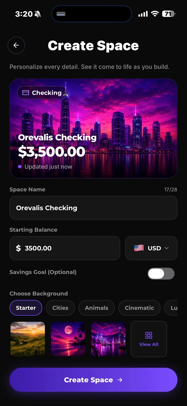 Create Space — naming Orevalis Checking, $3,500 starting balance in USD, Savings Goal off, Starter background collection