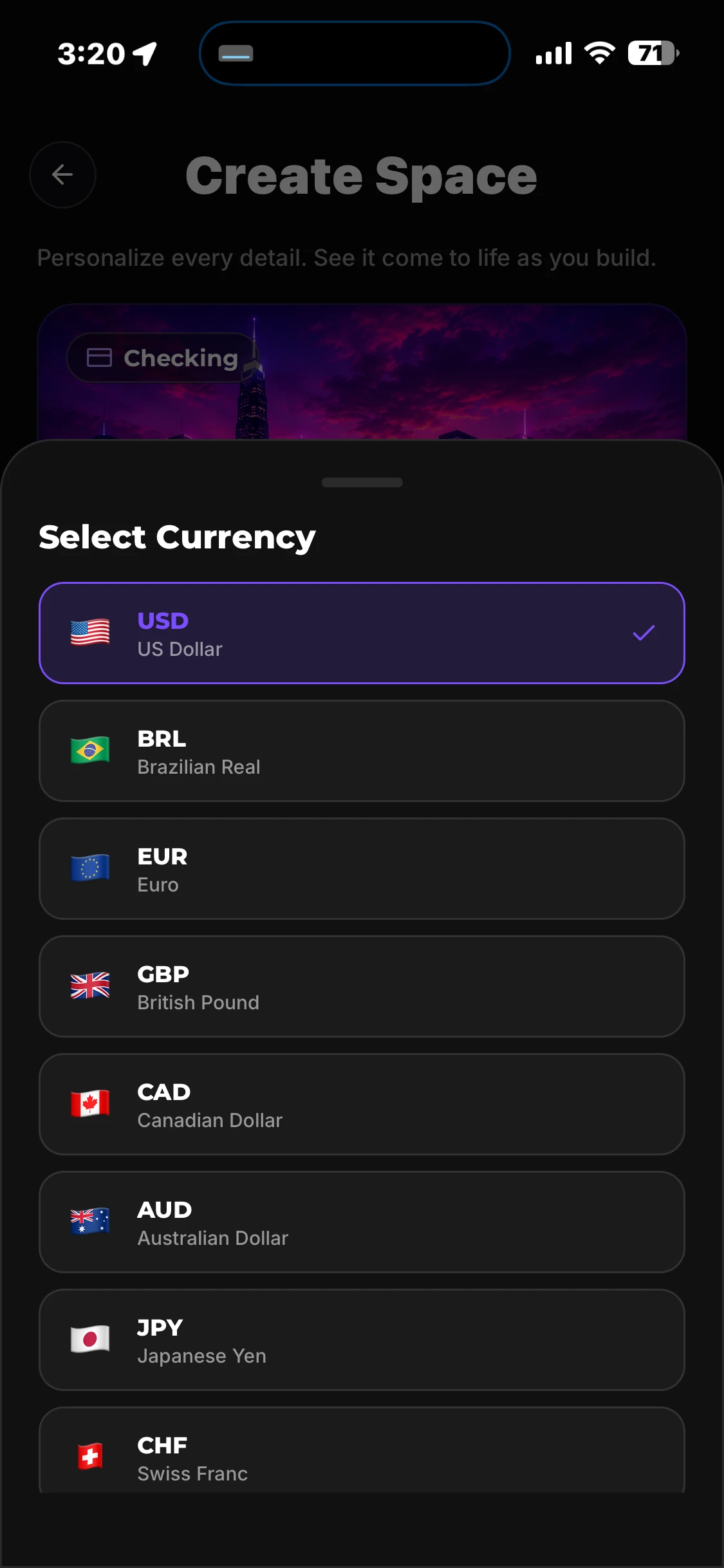 Select Currency — USD checked among BRL, EUR, GBP, CAD, AUD, JPY, and CHF