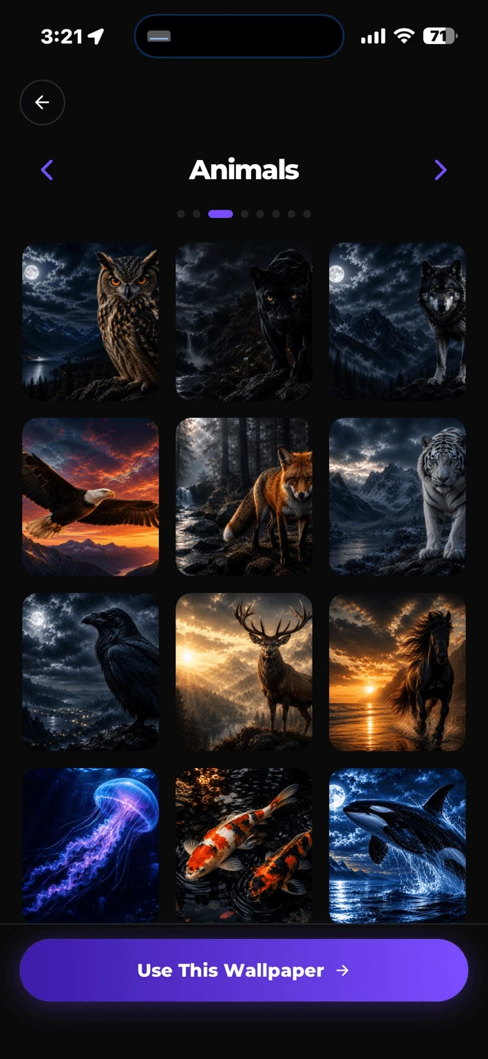 Animals wallpaper collection — browsing owl, wolf, fox, and tiger backgrounds with Use This Wallpaper