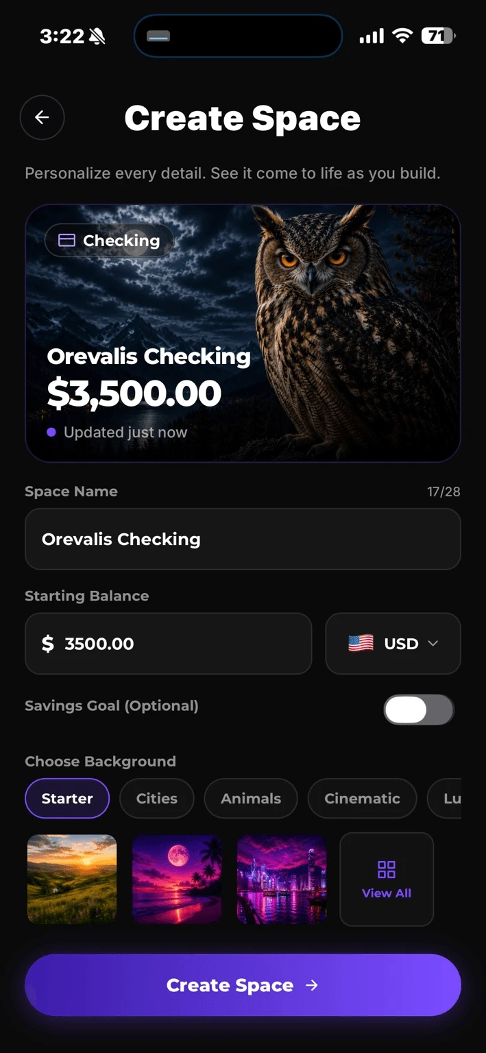 Create Space with the owl wallpaper applied to the Orevalis Checking preview card