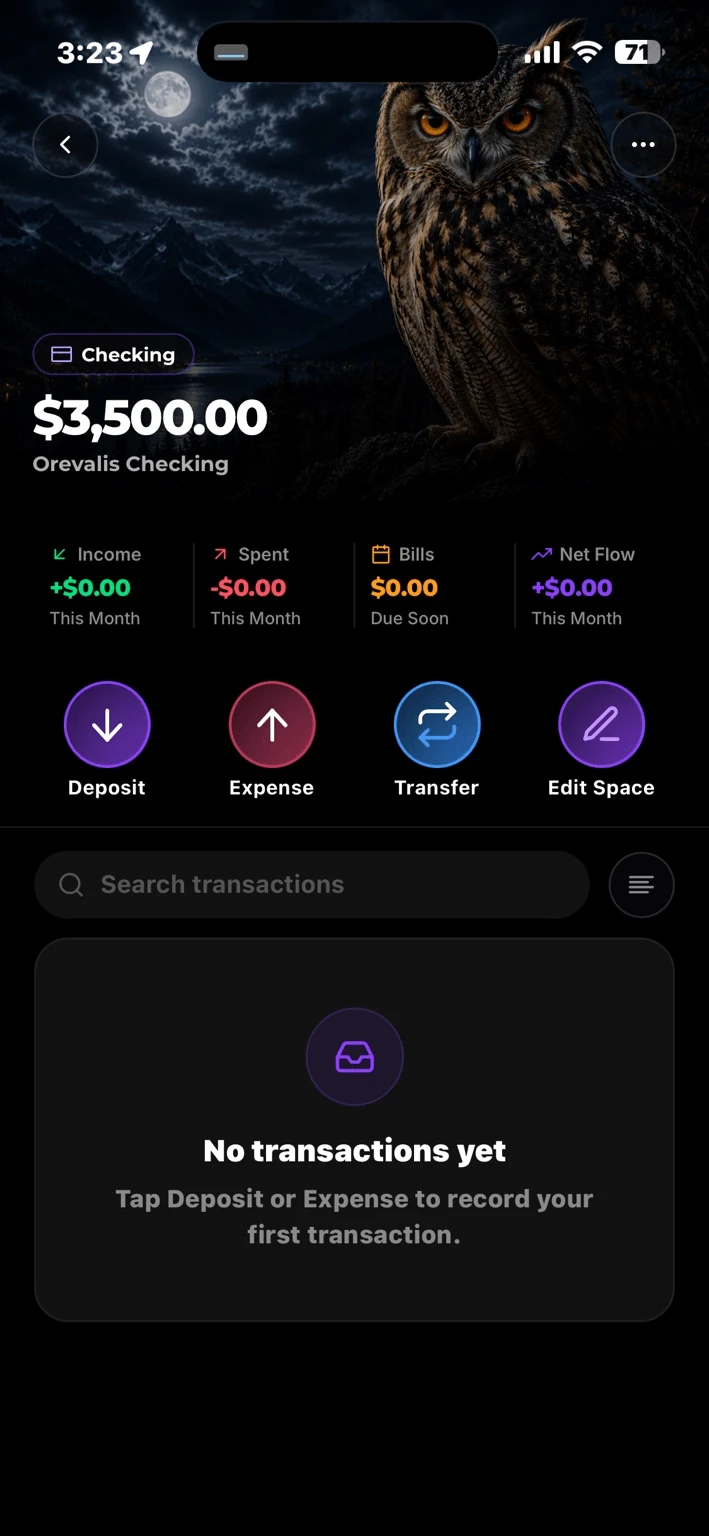 Orevalis Checking open with its owl wallpaper — $3,500 balance, Income, Spent, Bills, Net Flow, and Deposit, Expense, Transfer, Edit Space actions