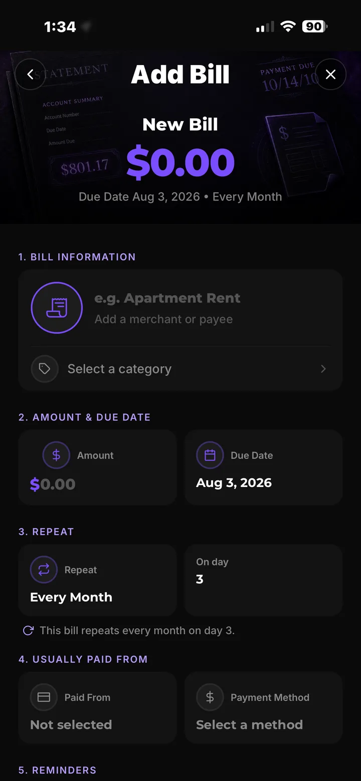 Add Bill — new bill form with amount, due date, repeat schedule, paid-from account, and reminders