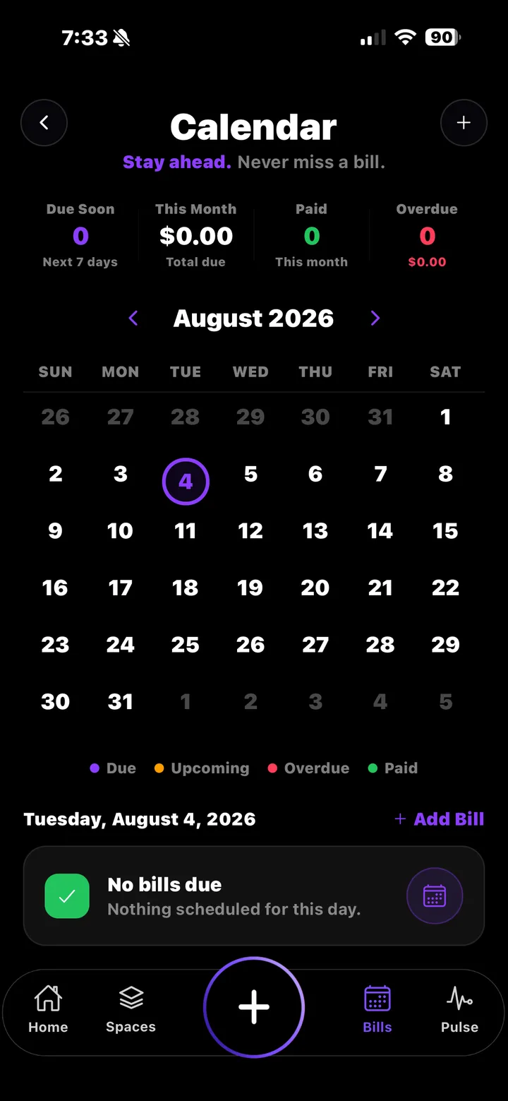 Bills Calendar for August 2026 — Due Soon, This Month, Paid, and Overdue totals above the monthly grid