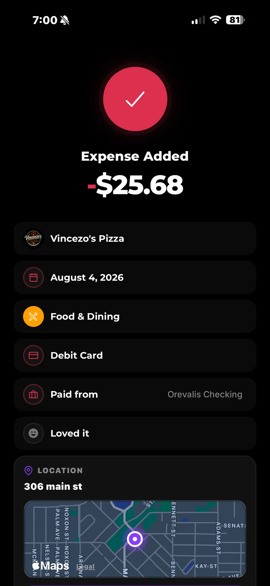Expense Added — Vincenzo's Pizza -$25.68 confirmed, with category, payment method, and location map