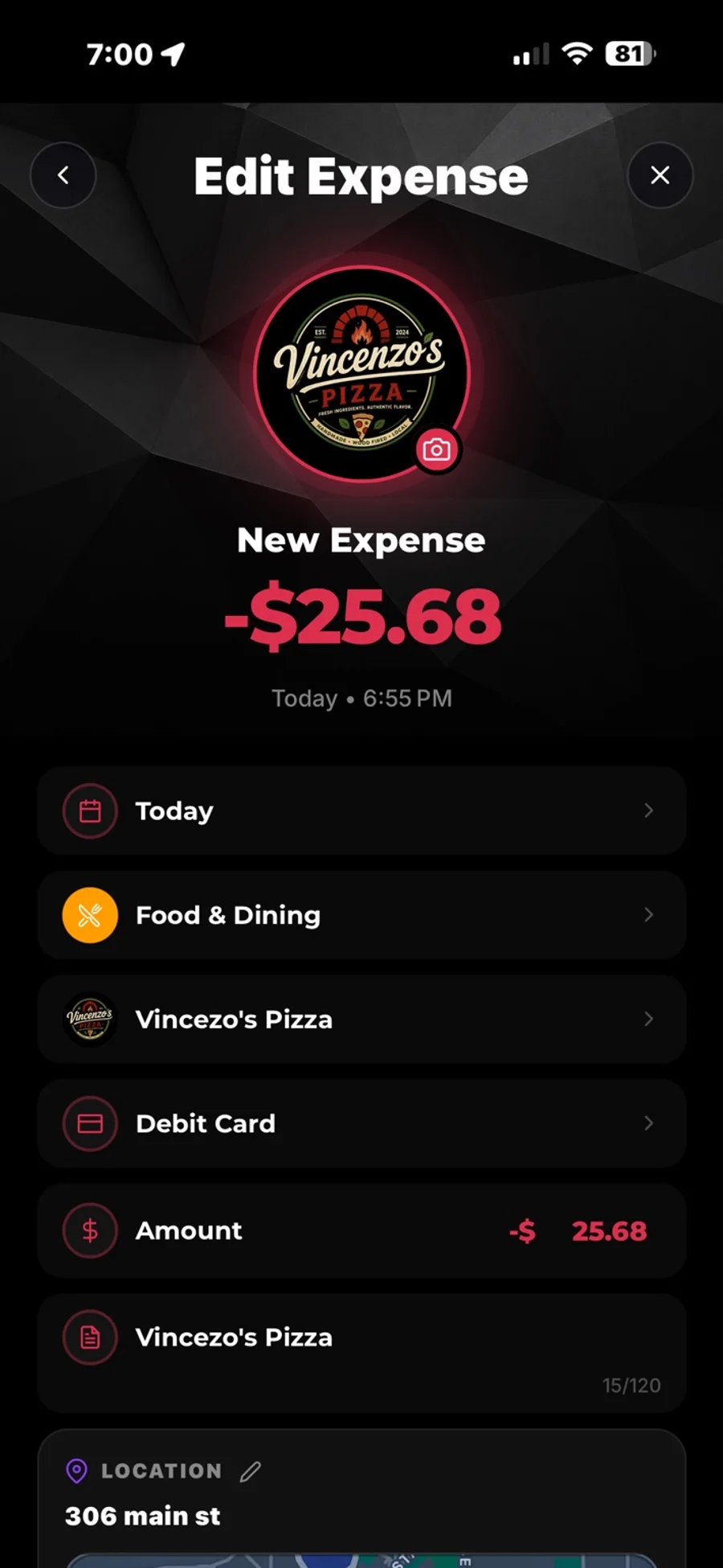 Edit Expense — Vincenzo's Pizza, -$25.68, Food & Dining category, Debit Card payment method, date, note, and a location map