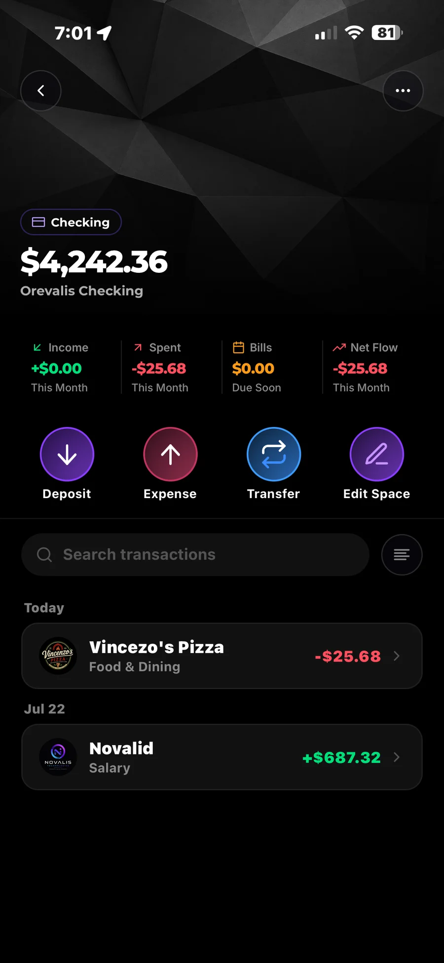 Orevalis Checking updated to $4,242.36 with the new Vincenzo's Pizza expense already in the transaction list