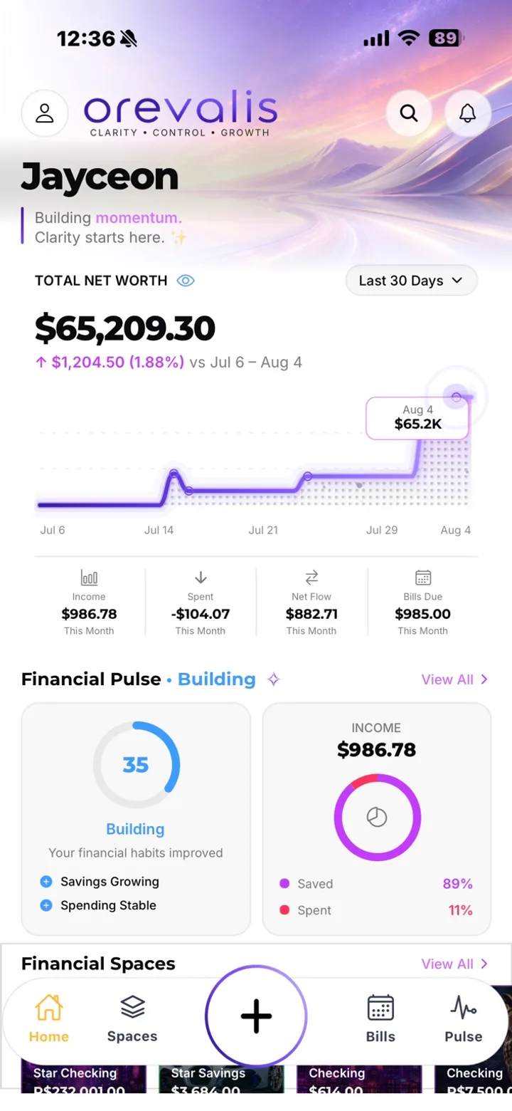 Orevalis dashboard in light mode — the same net worth view over a sunrise wallpaper
