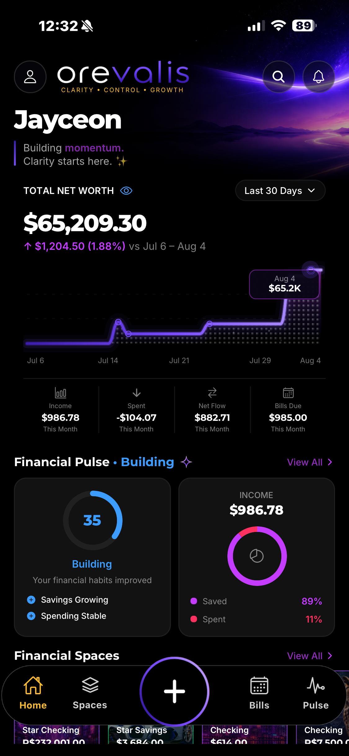 Orevalis home dashboard on a mobile device